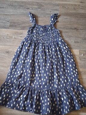 Navy Blue Ruffled Sundress with Cream Dot Print